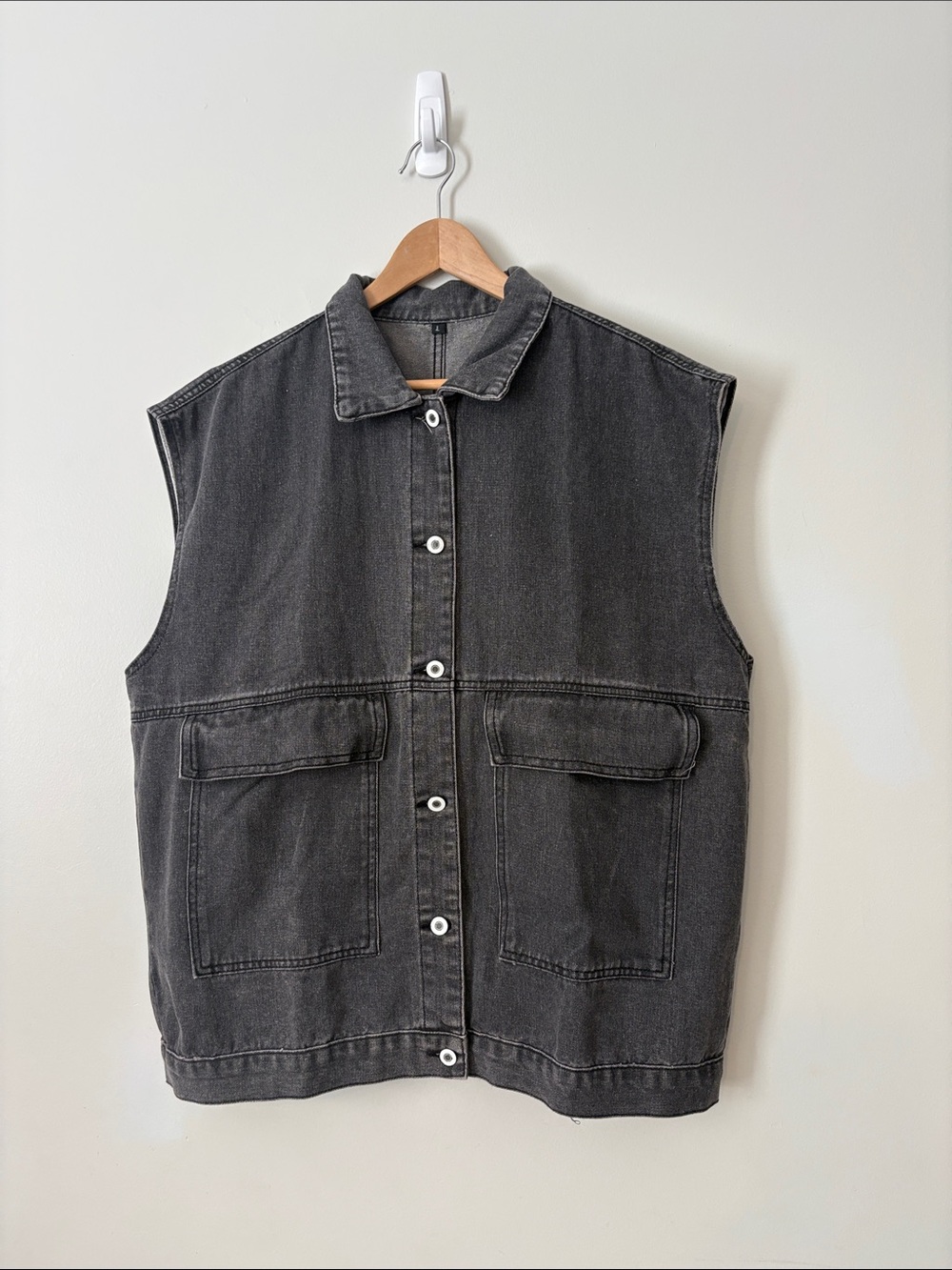 Washed Black Denim Button-Front Sleeveless Vest